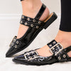 Rivets Pointed Toe Mary Jane Flats - Black