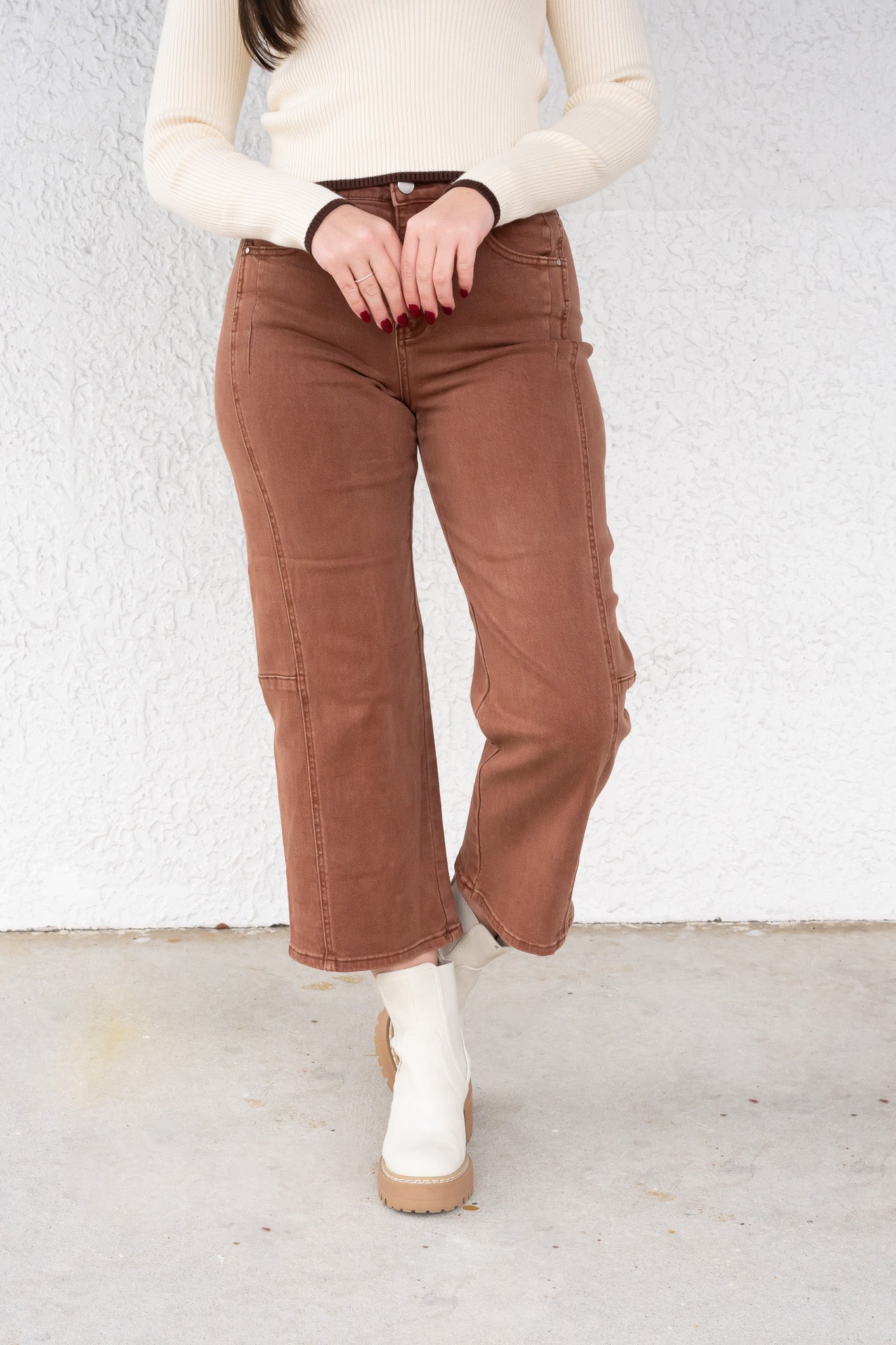 Espresso Yourself By Risen - High Rise Crop Wide Barrel Pants - Espresso