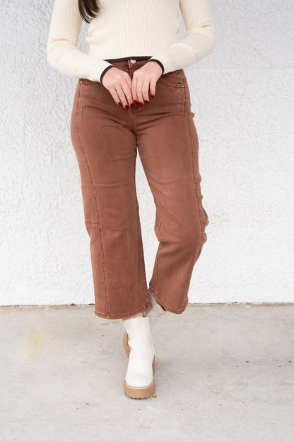 Espresso Yourself By Risen - High Rise Crop Wide Barrel Pants - Espresso