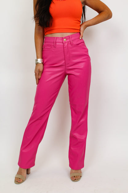 Judy Blue Barbie Girl Tummy Control Faux Leather Pants - Hot Pink