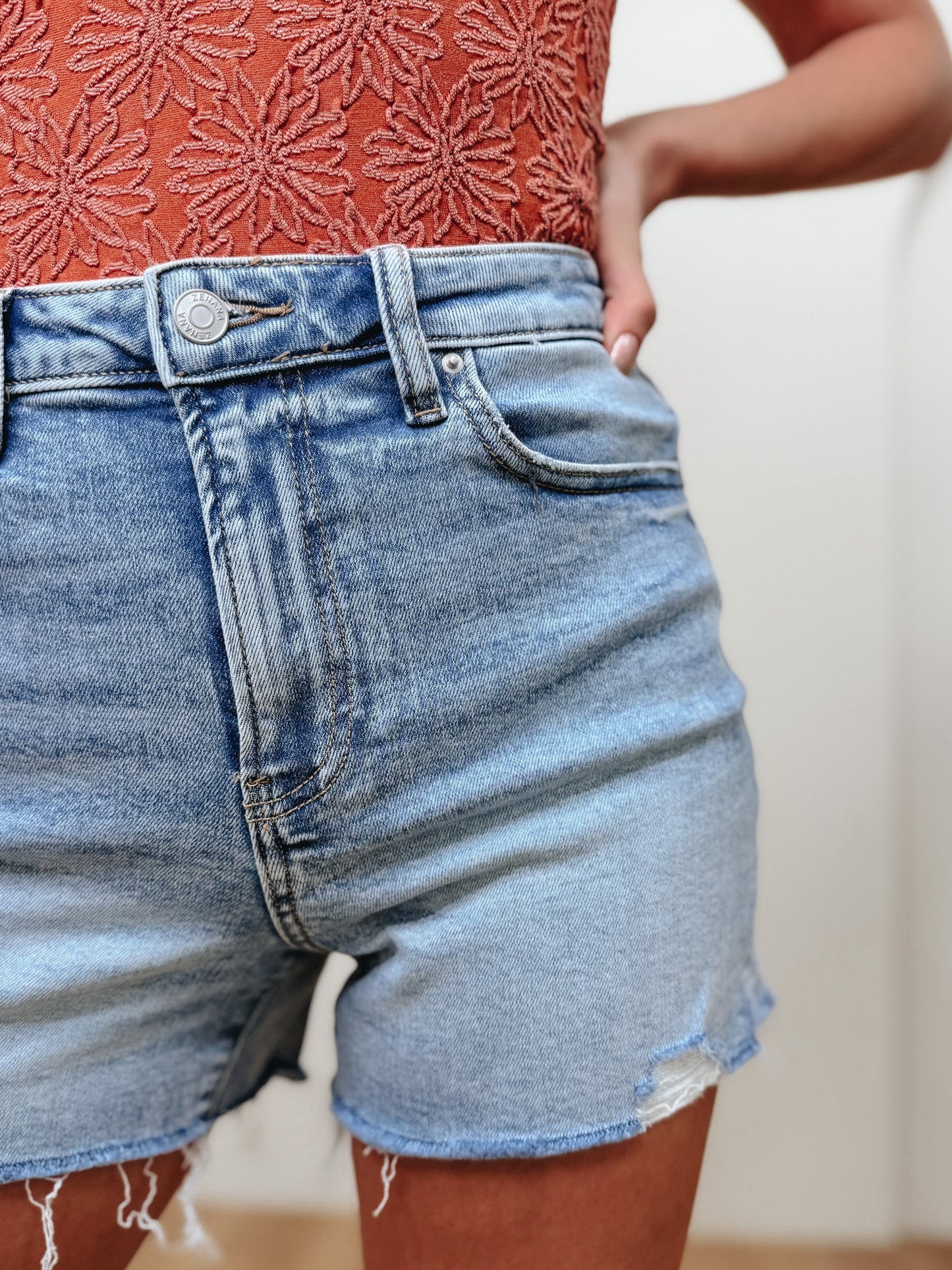 Weekend Wanderer Mid Rise Raw Hem Shorts