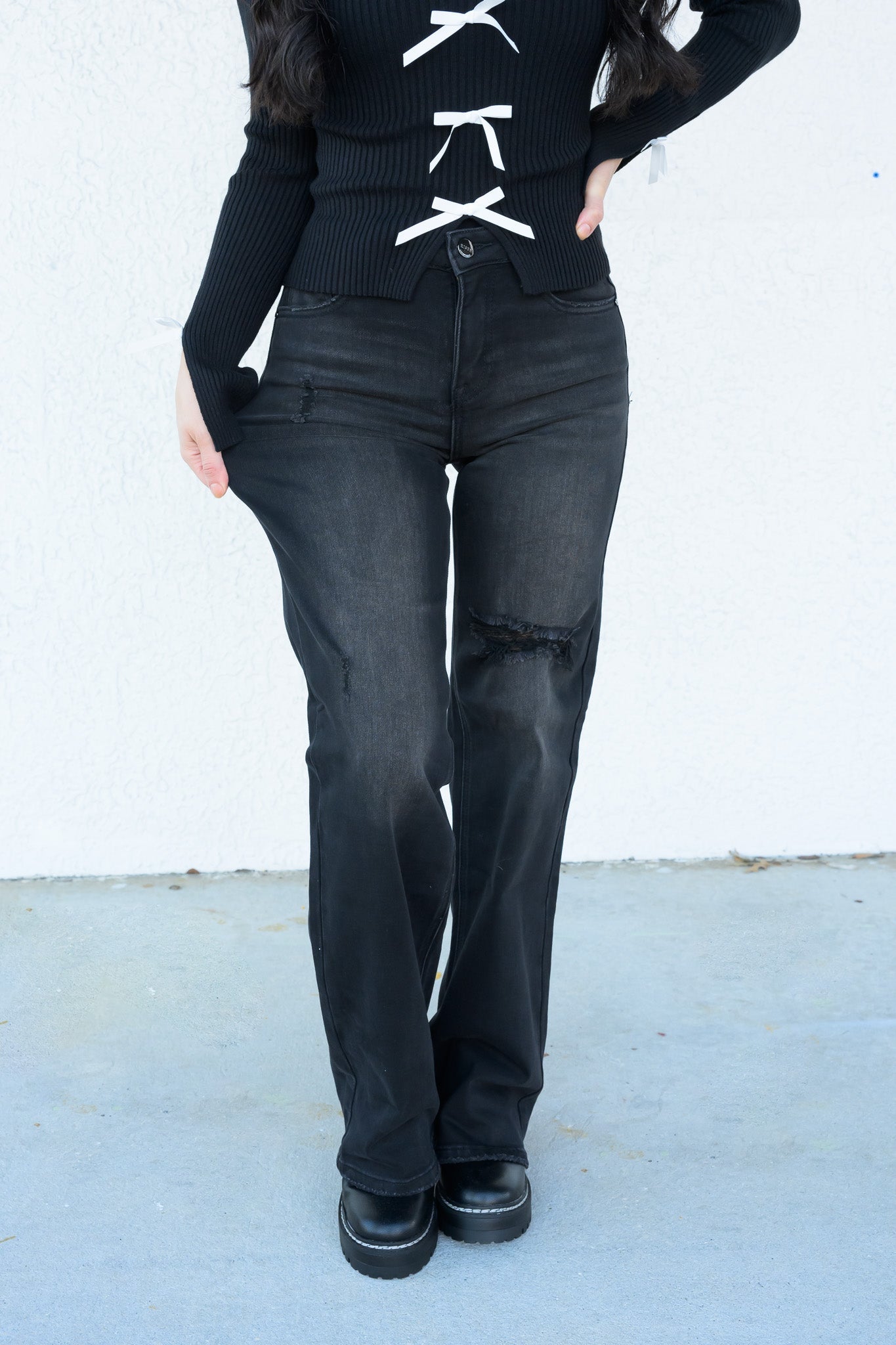 Rebel Girl By Risen - High Rise Black Distressed Wide Leg Jeans