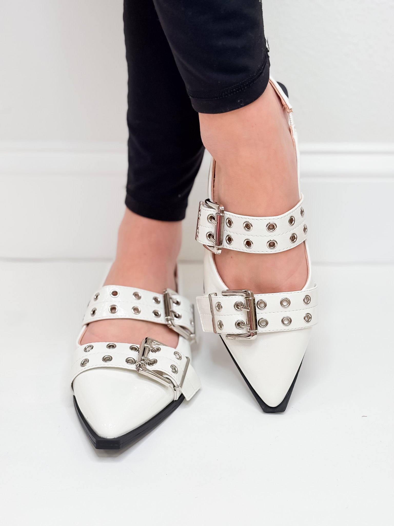 The Addison Double Buckle Flats - White