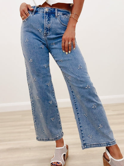 The Dreamer By Risen - High Rise Wide Leg Embroidered Jeans-Light