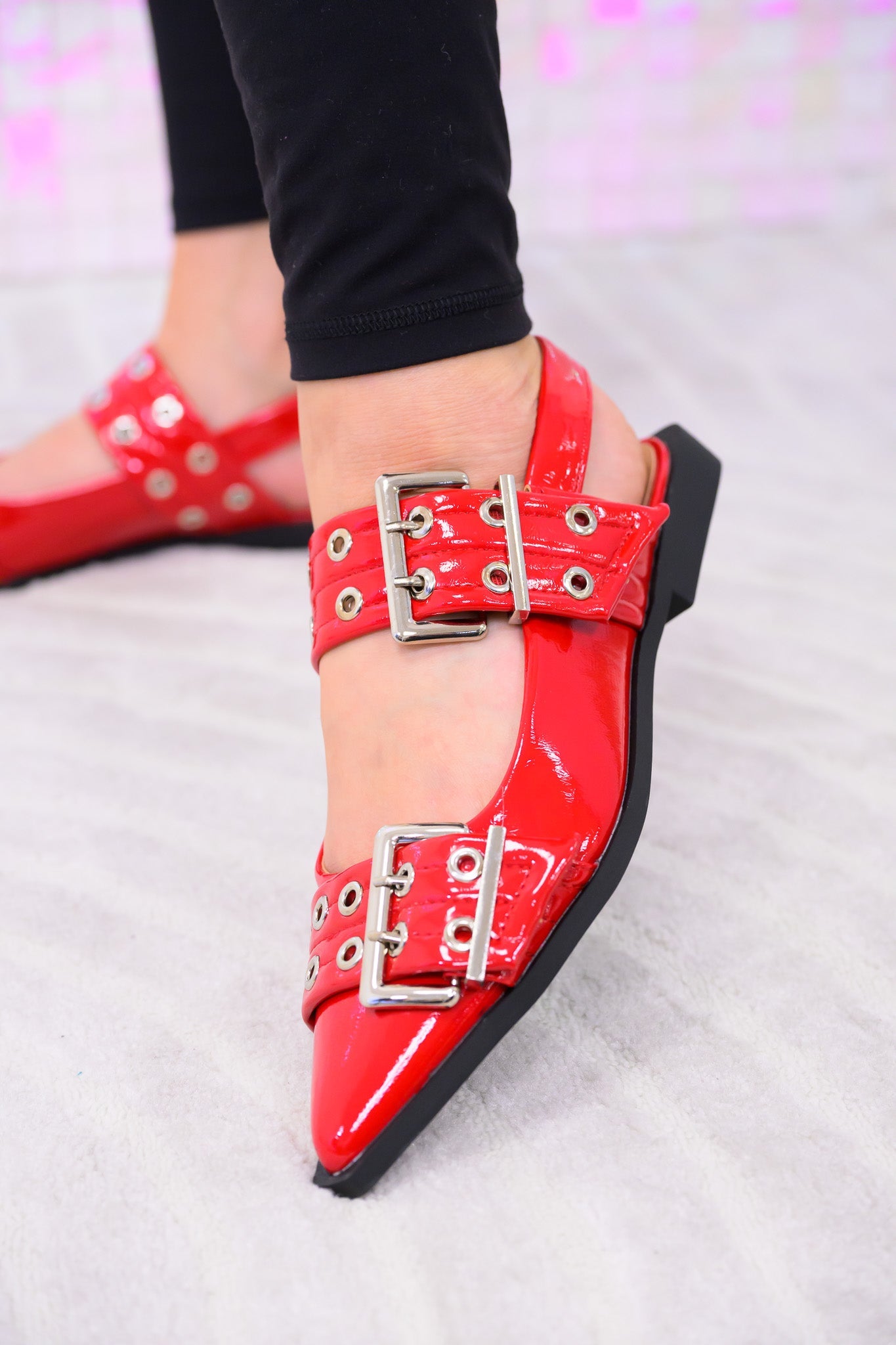 Rivets Pointed Toe Mary Jane Flats - Red