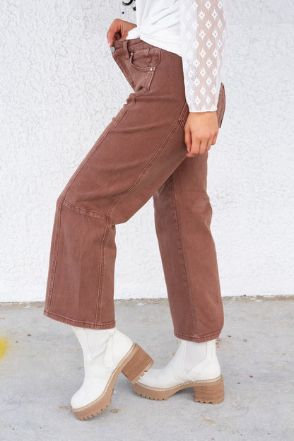 Espresso Yourself By Risen - High Rise Crop Wide Barrel Pants - Espresso