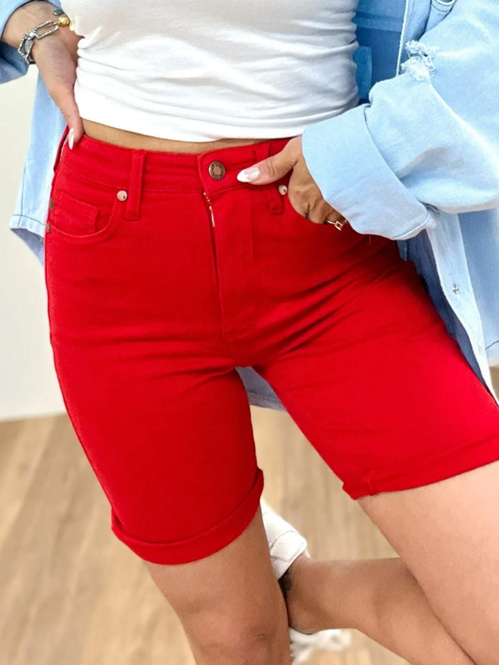 Judy Blue Babe Watch High Rise Tummy Control Bermuda Shorts - Red *JB