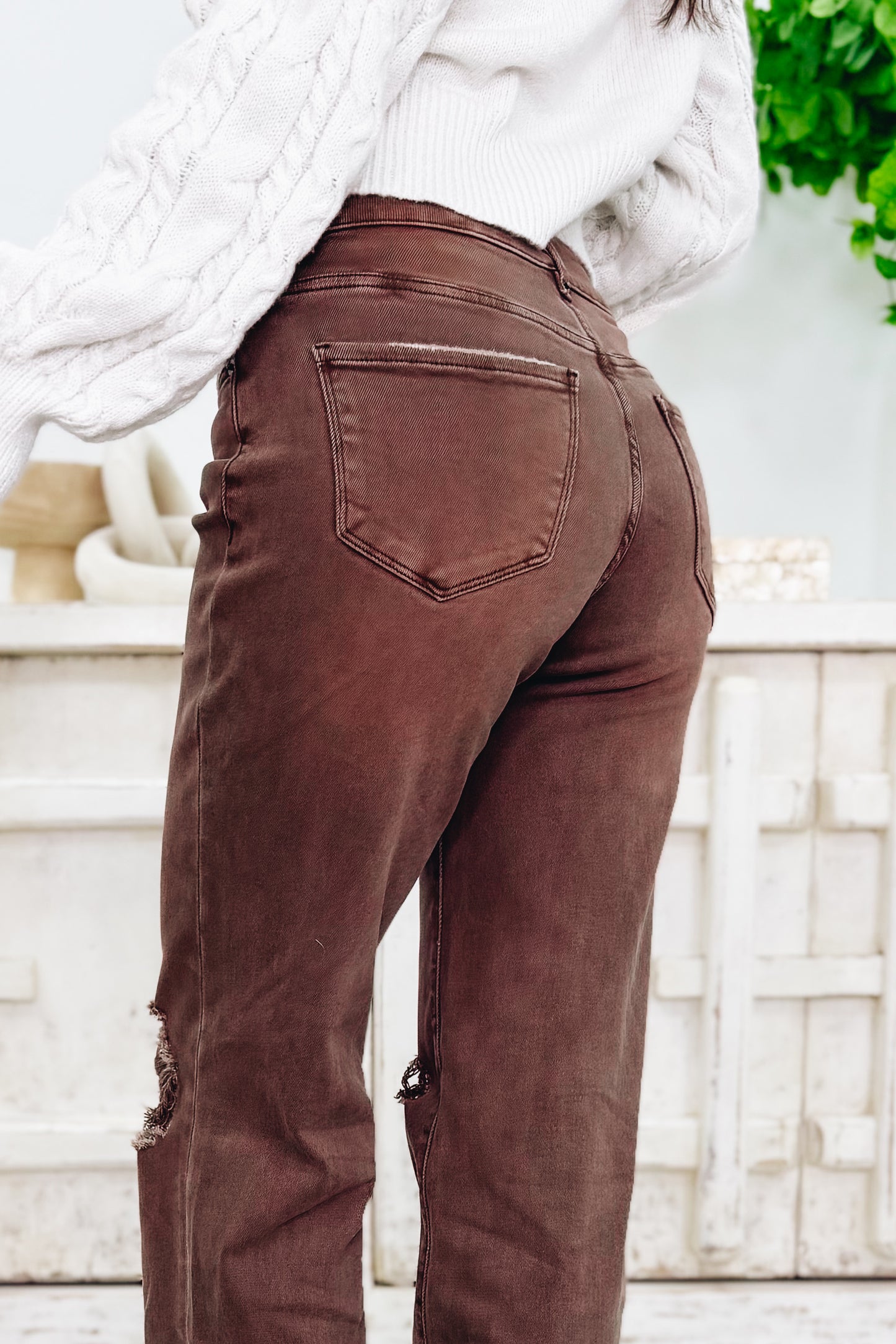 True Obsession By Denim BAR Label - High Rise Wide Leg Tummy Control Jeans - Brown