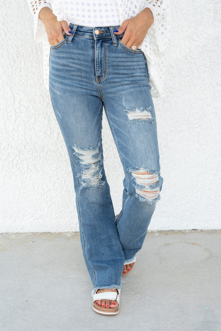 Judy Blue Keep Holding On High Rise Distressed Frayed Hem Bootcut Jeans