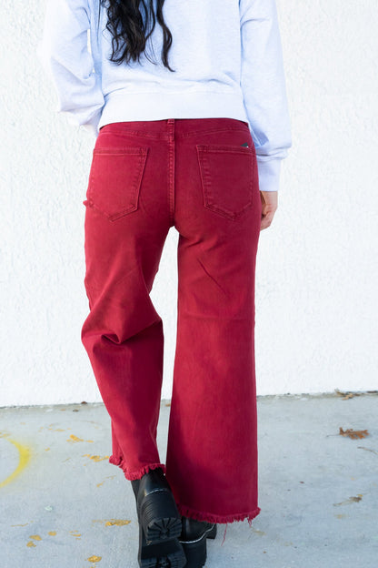 Pass The Wine By Risen - High Rise Tummy Control Crop Wide Leg Pants - Wine