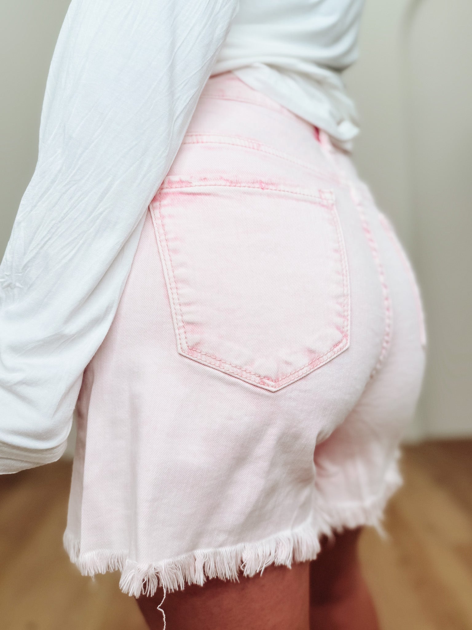 Pretty Sunset By Risen - High Rise Distressed Shorts- Acid Pink