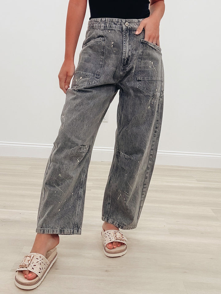 Need I Say More Splatter Paint Pants - Stone Gray