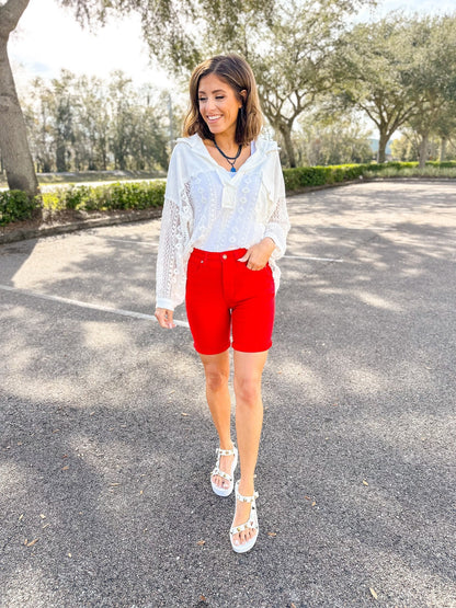 Judy Blue Babe Watch High Rise Tummy Control Bermuda Shorts - Red *JB
