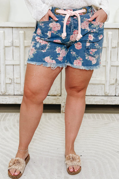 Floral & Decor Shorts - Denim