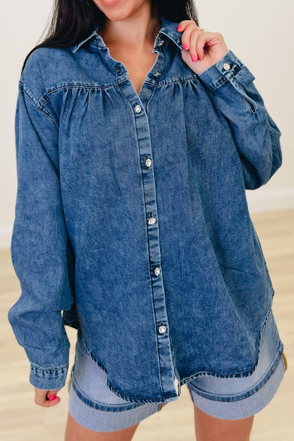Keep Your Head Up Denim Button Down Top