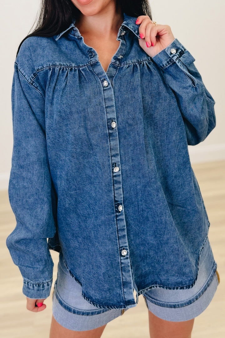 Keep Your Head Up Denim Button Down Top