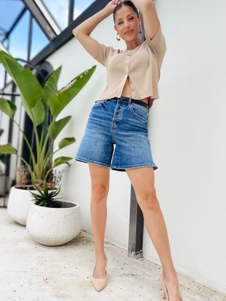 Summer Splash By Mica - High Rise Button Down Bermuda Shorts - Dark Blue