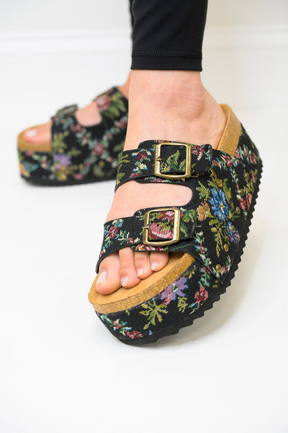 Corky's Wannabe Platform Sandals - Black Brocade Floral