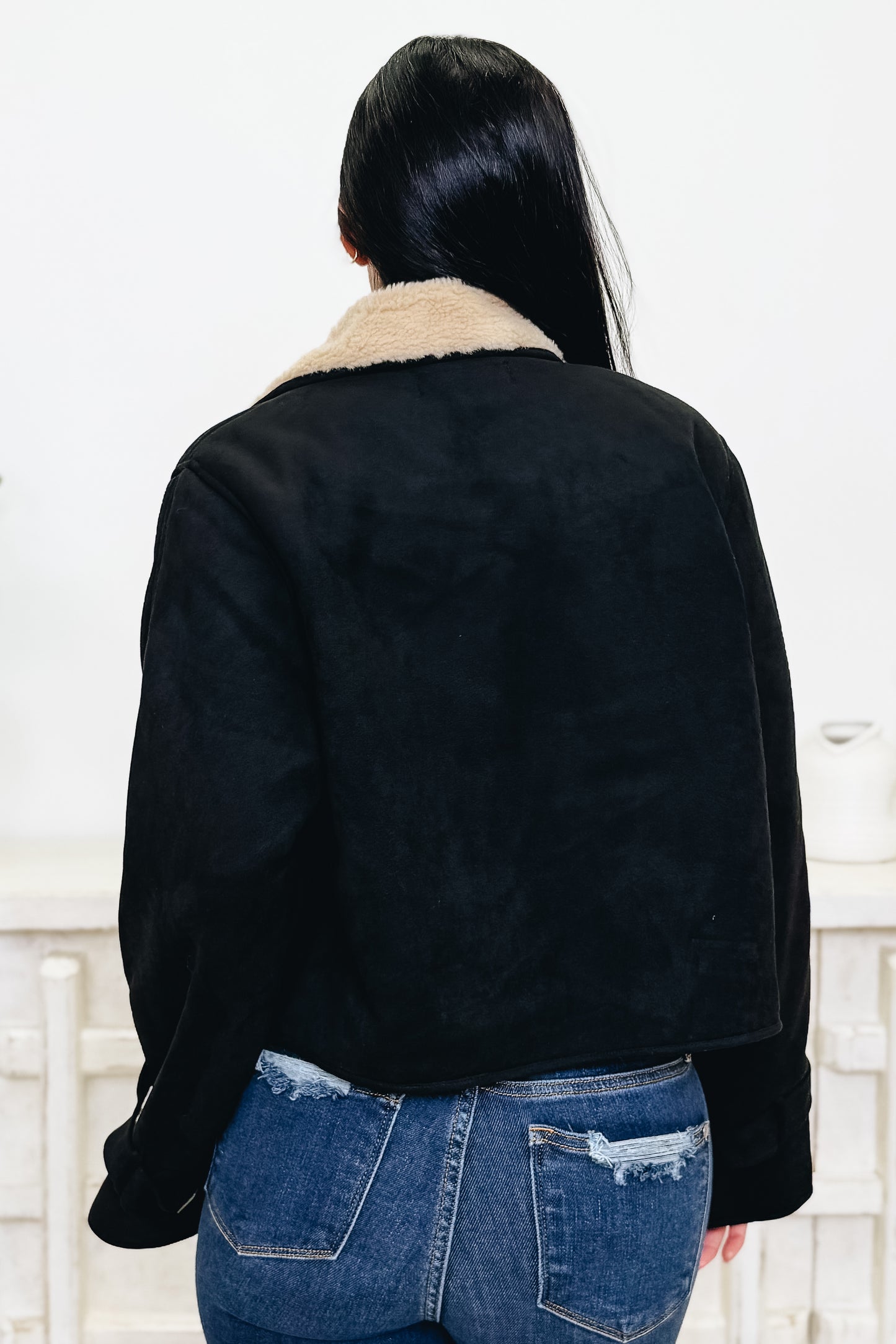 Midnight Storm Suede Sherpa Trench Jacket