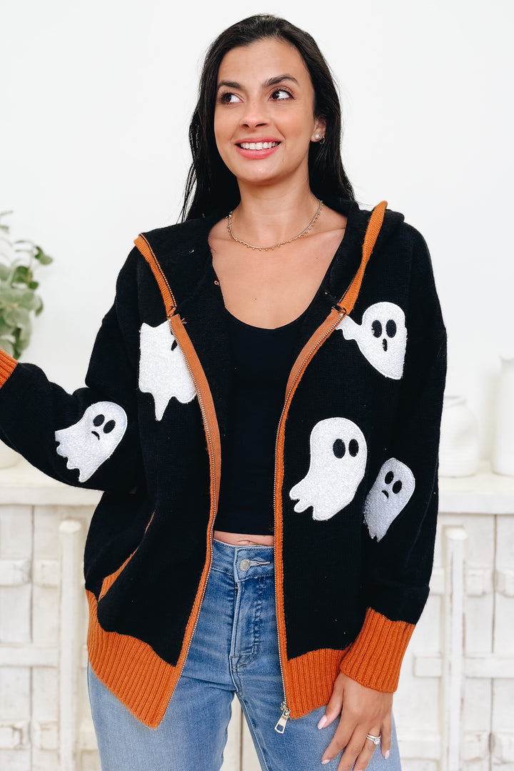 Ghost Patch Zip Up Hooded Cardigan