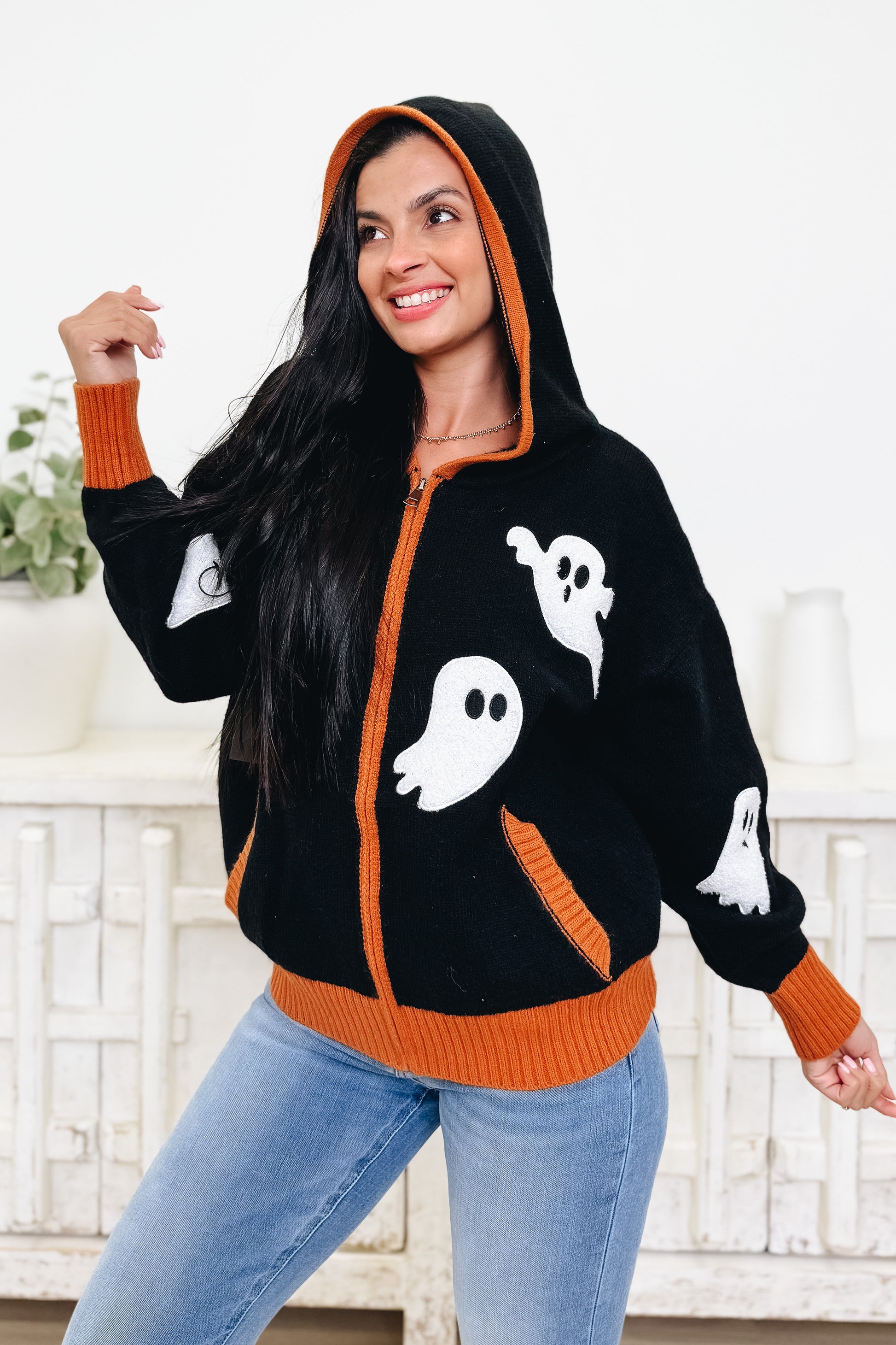 Ghost Patch Zip Up Hooded Cardigan