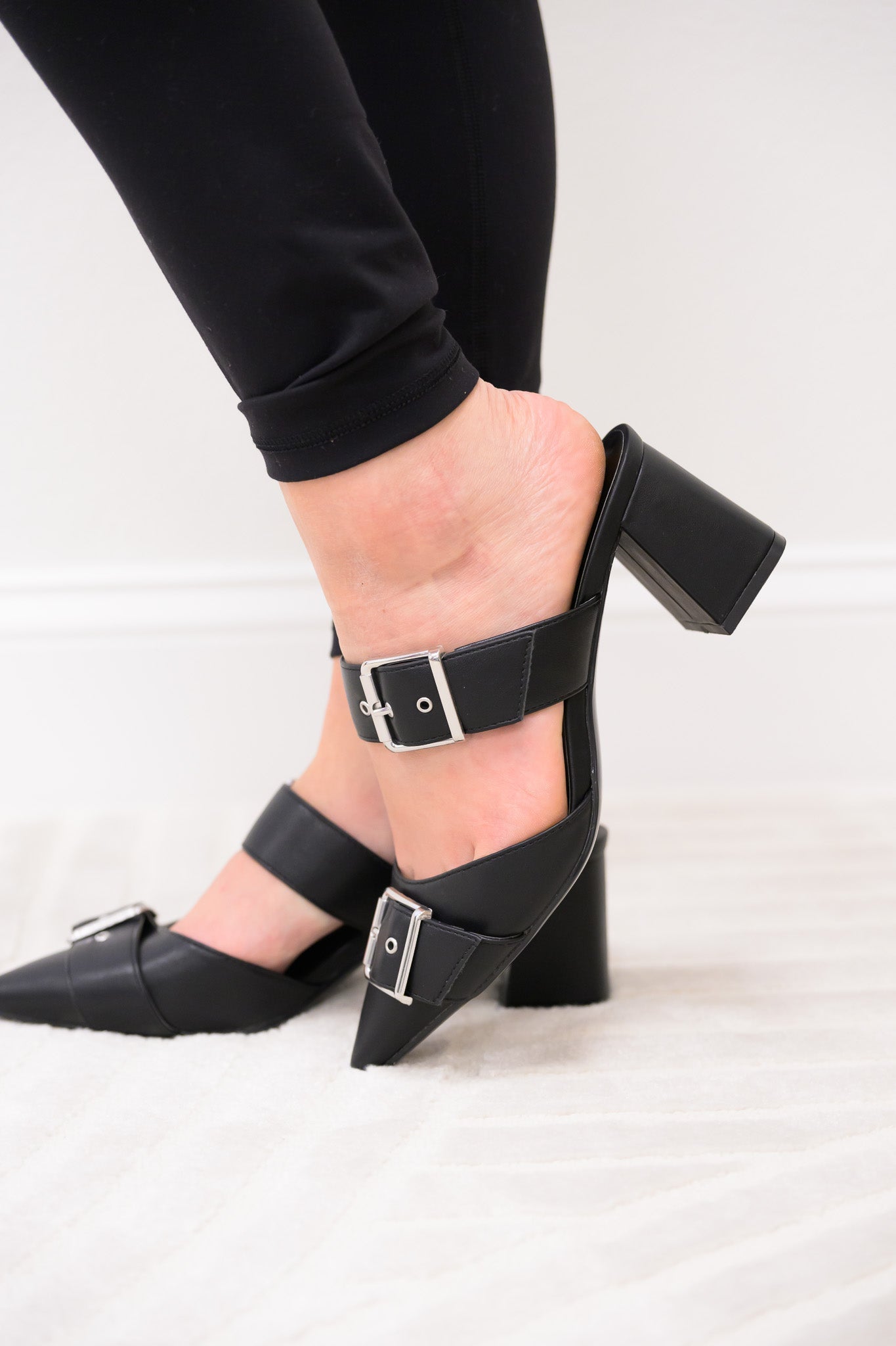 Starlike Double Buckle Block Heels - Black