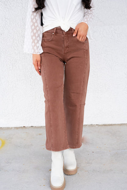 Espresso Yourself By Risen - High Rise Crop Wide Barrel Pants - Espresso