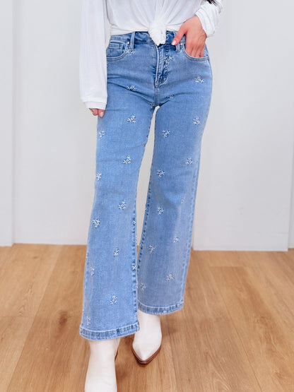 The Dreamer By Risen - High Rise Wide Leg Embroidered Jeans-Light