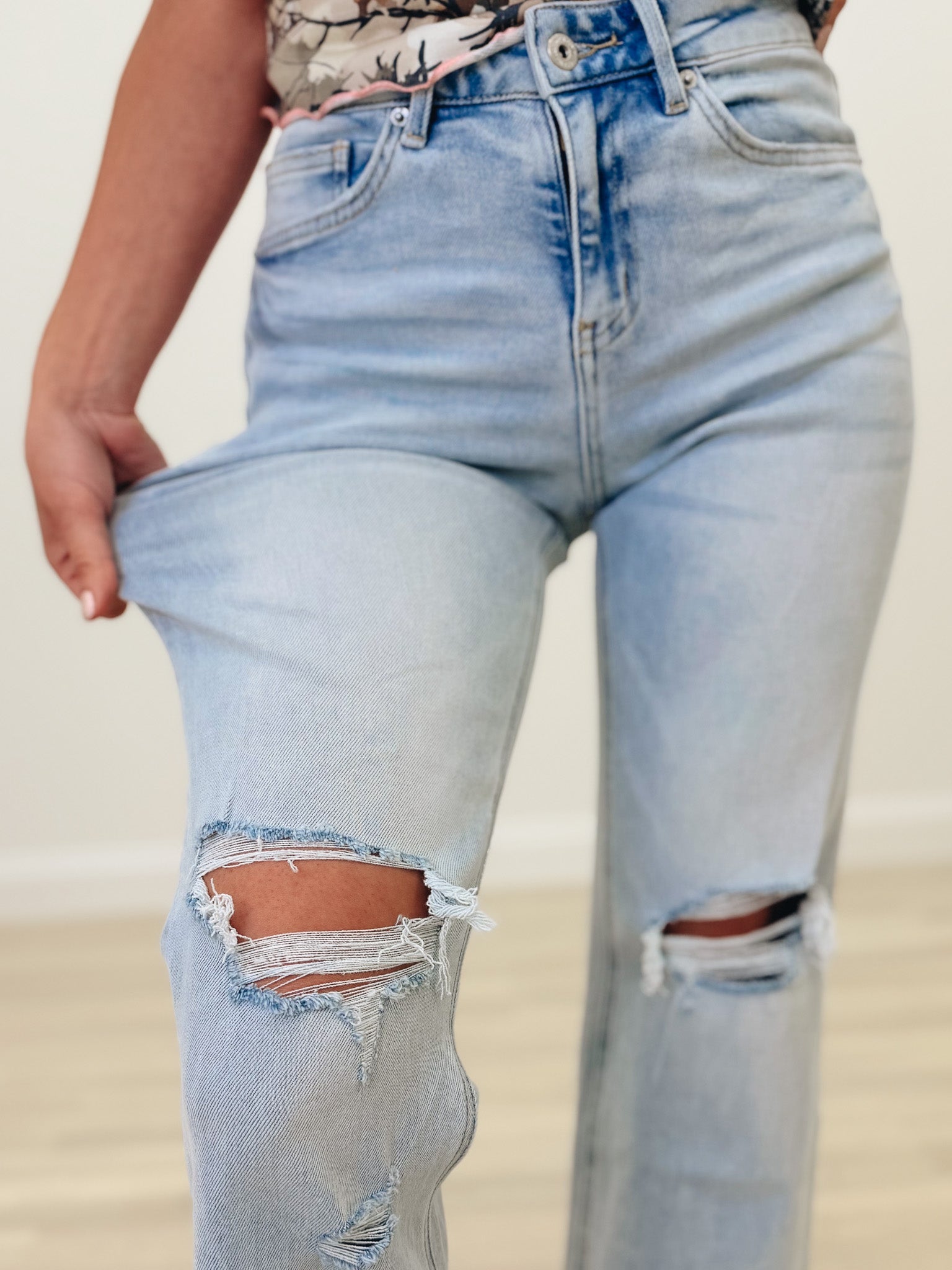 Lookin For Love By Mica - High Rise Distressed Wide Leg Jeans - Ice Medium Blue