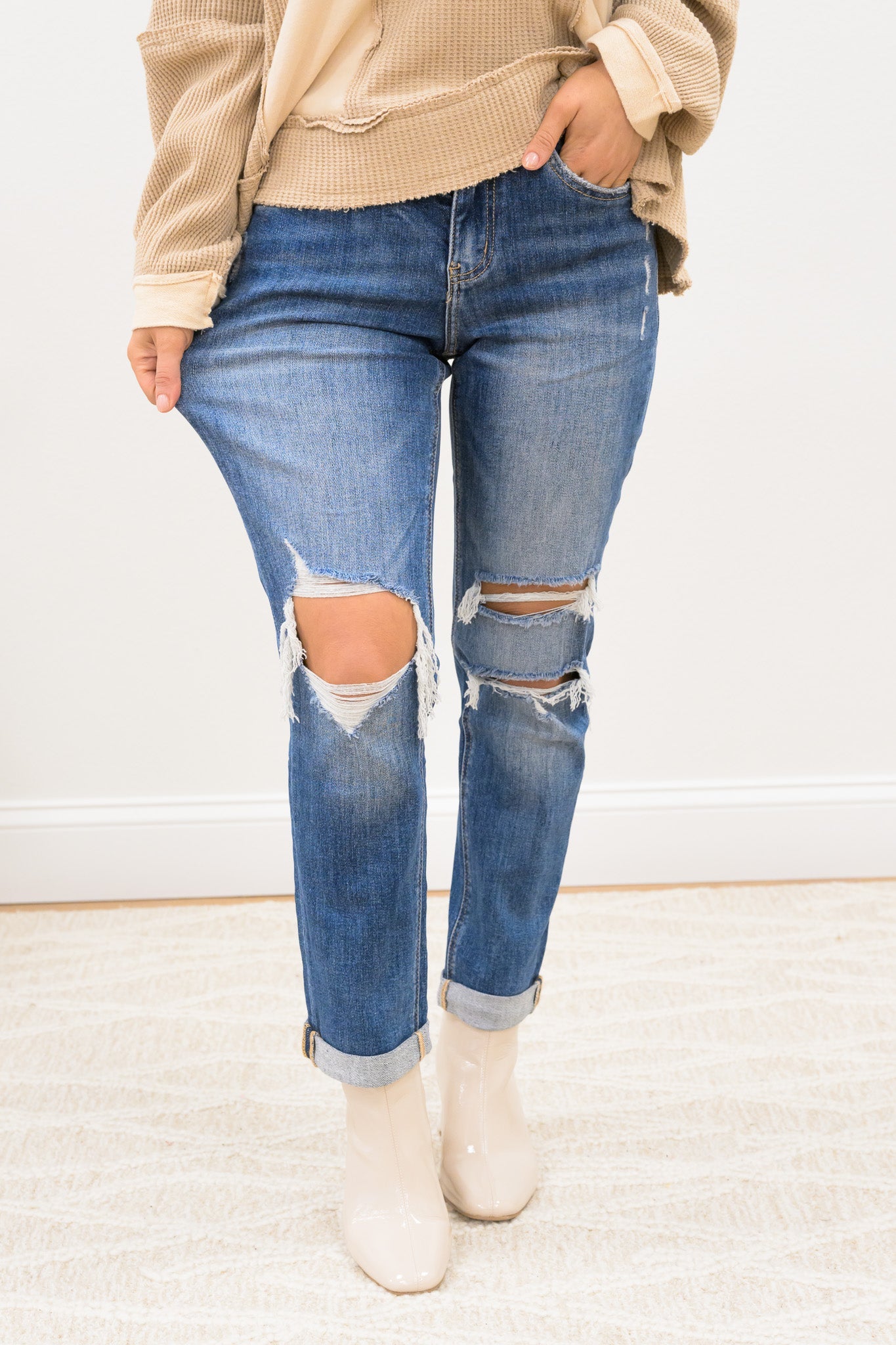 Upgraded By Lovervet - High Rise Rolled Cuff Boyfriend Jeans