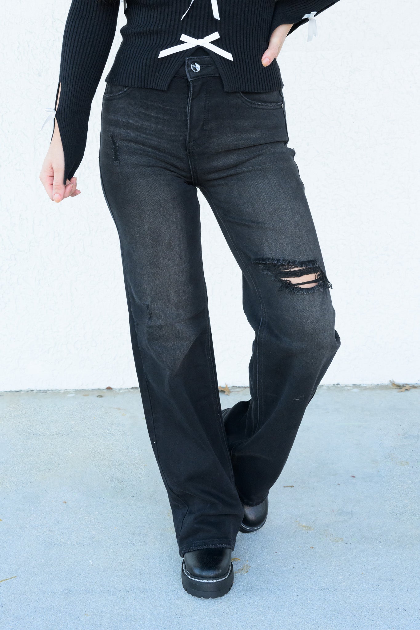Rebel Girl By Risen - High Rise Black Distressed Wide Leg Jeans