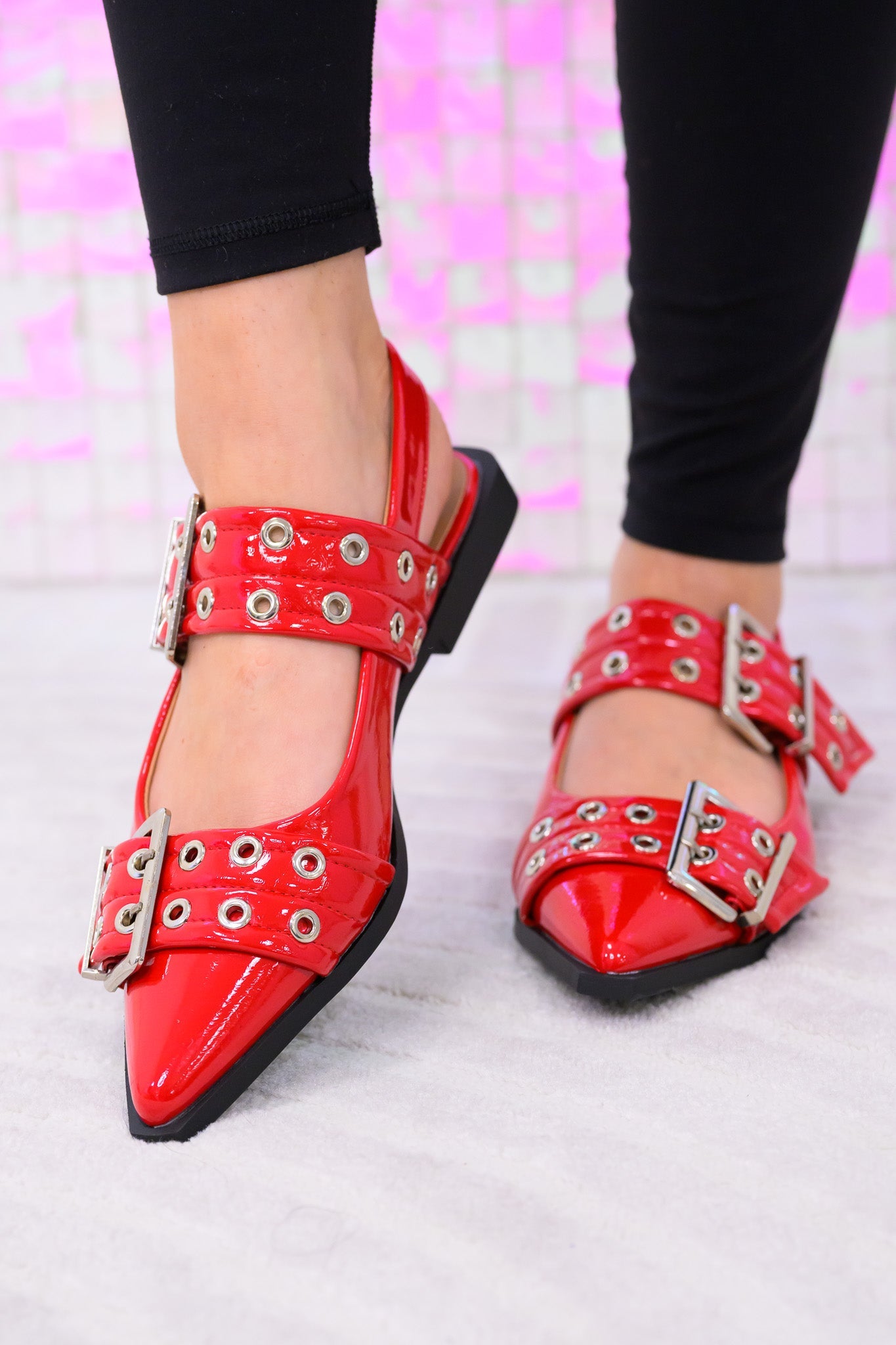 Rivets Pointed Toe Mary Jane Flats - Red