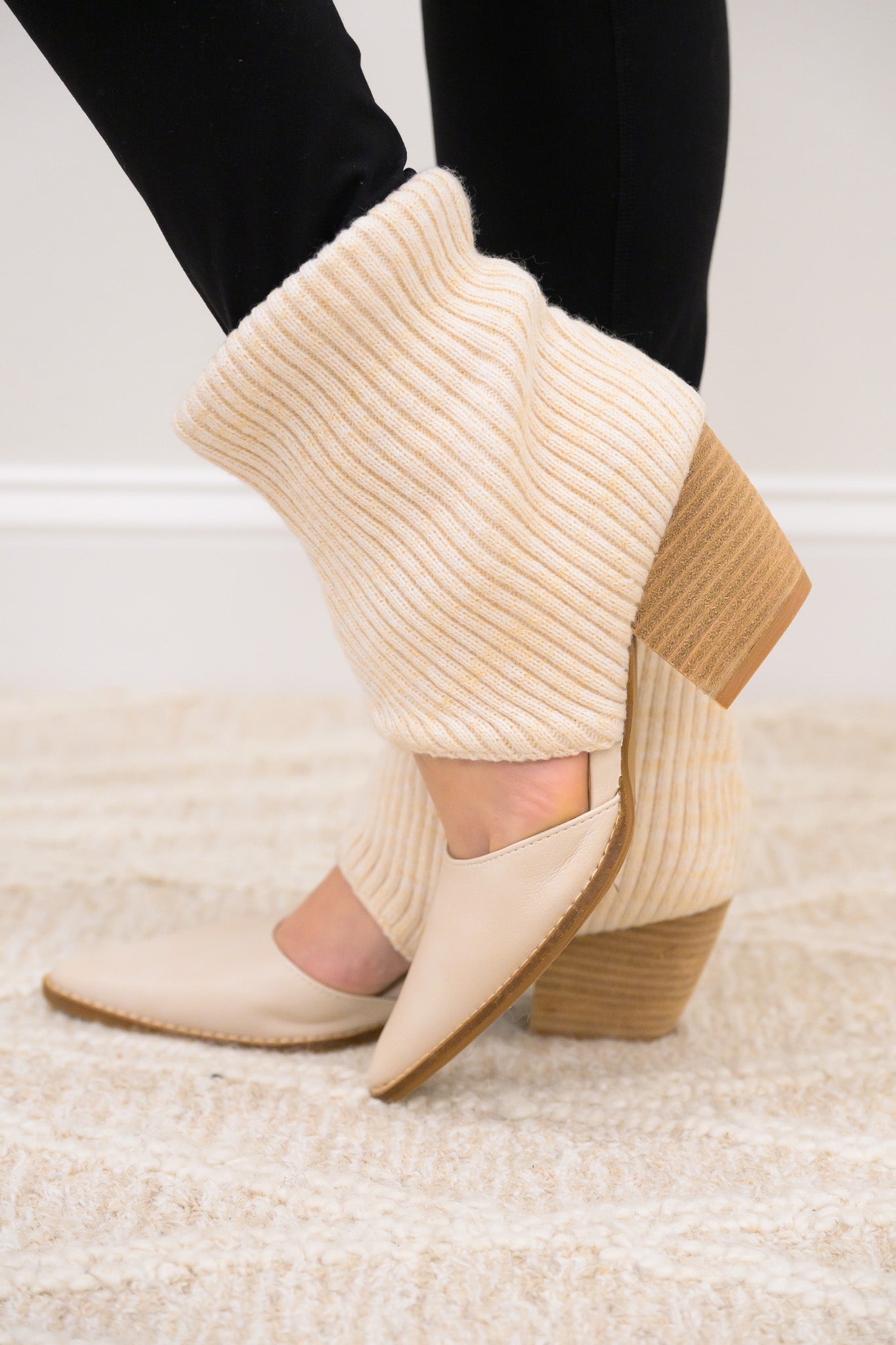 Magnolia Cut Out Chunky Knitted Cuff Ankle Booties - Cream