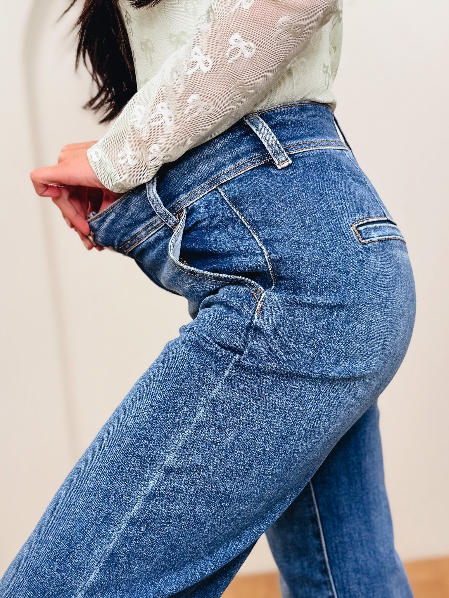 How Sweet It Is By Risen - High Rise Tummy Control Wide Leg Double Button Jeans - Dark
