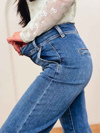 How Sweet It Is By Risen - High Rise Tummy Control Wide Leg Double Button Jeans - Dark