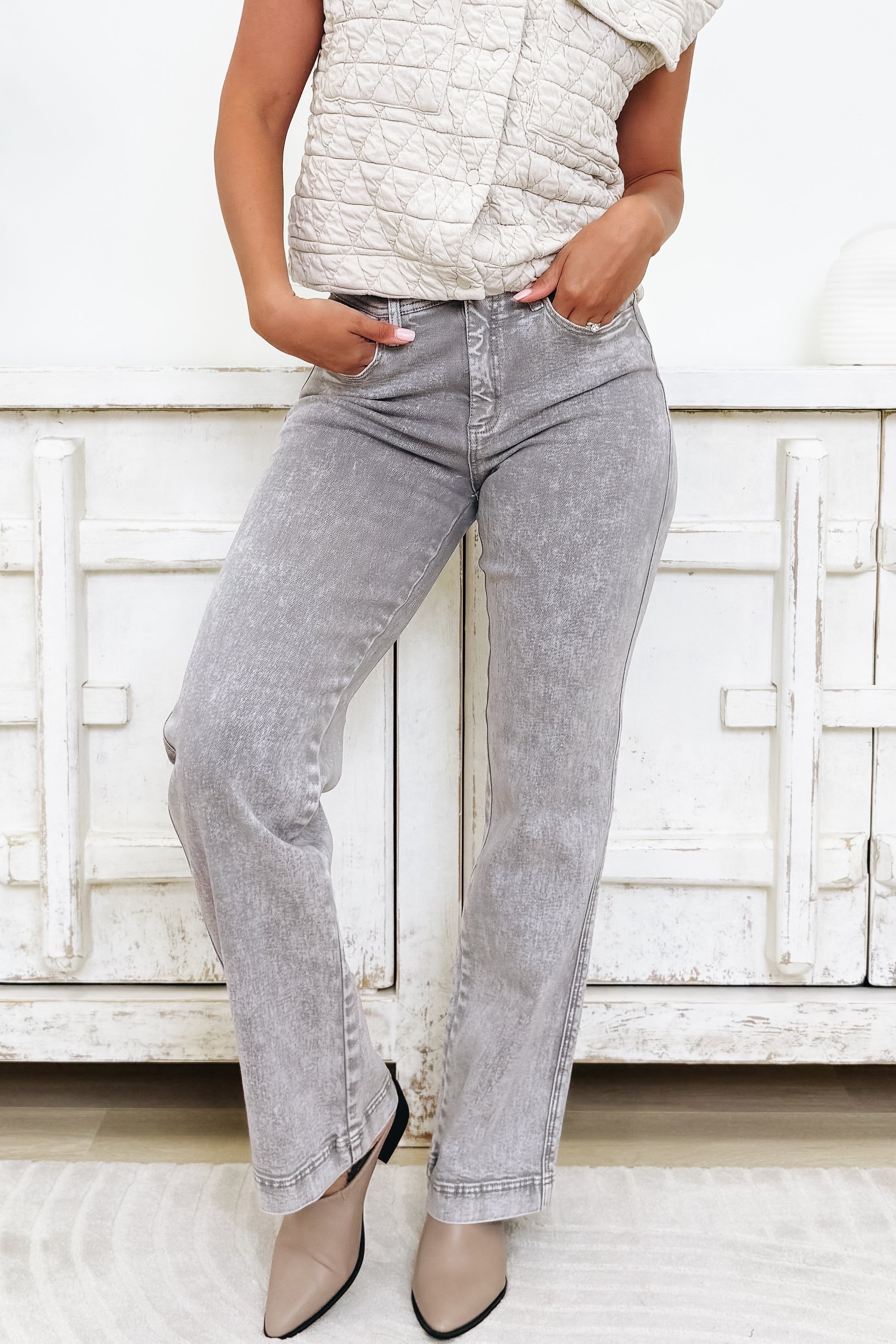 A Pop Of Surprise By Saige Denim - High Rise Wide Leg Straight Jeans - Silver Grey