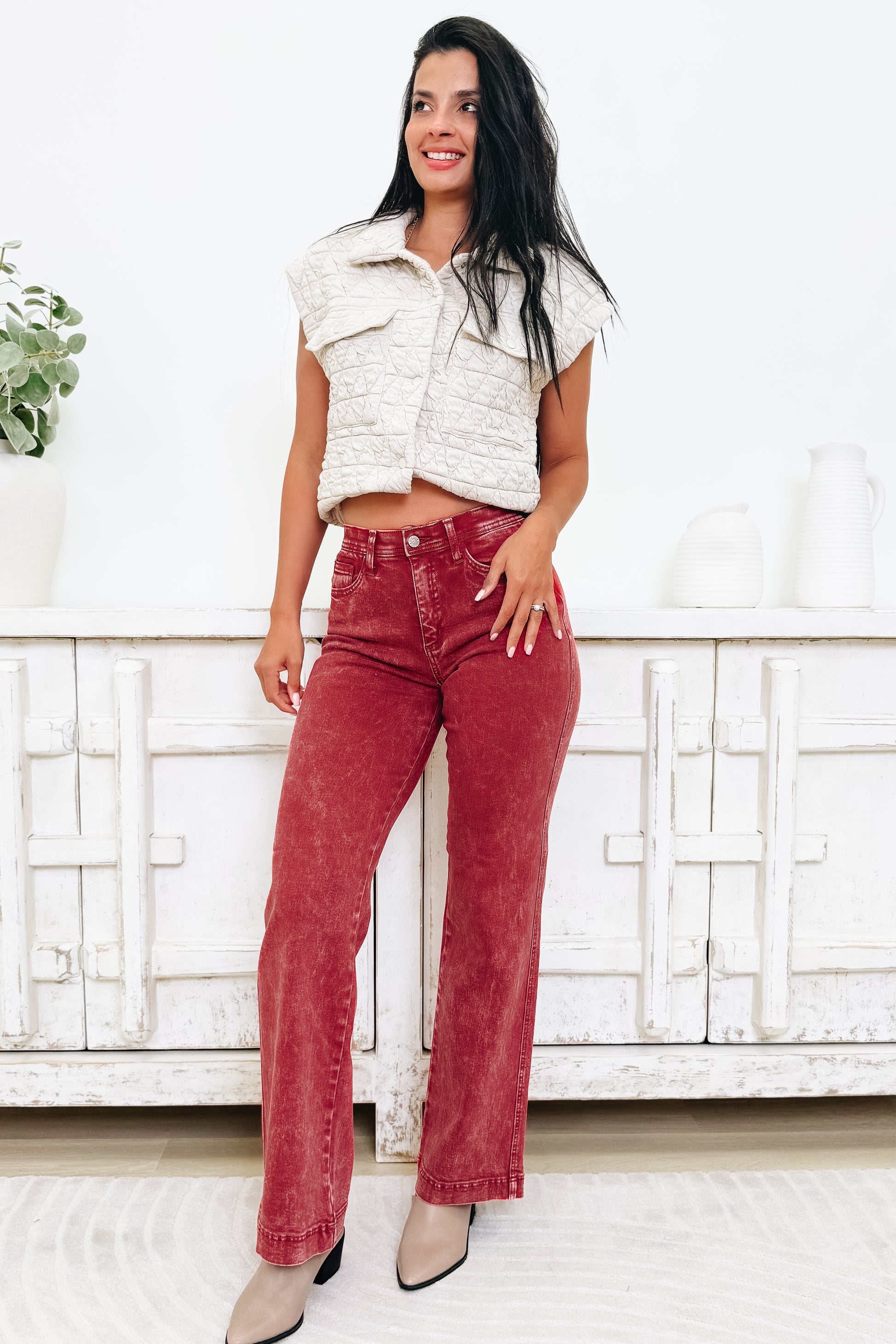 A Pop Of Surprise By Saige Denim - High Rise Wide Leg Straight Jeans - Brick Red