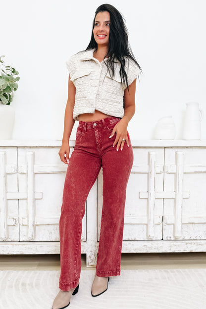 A Pop Of Surprise By Saige Denim - High Rise Wide Leg Straight Jeans - Brick Red