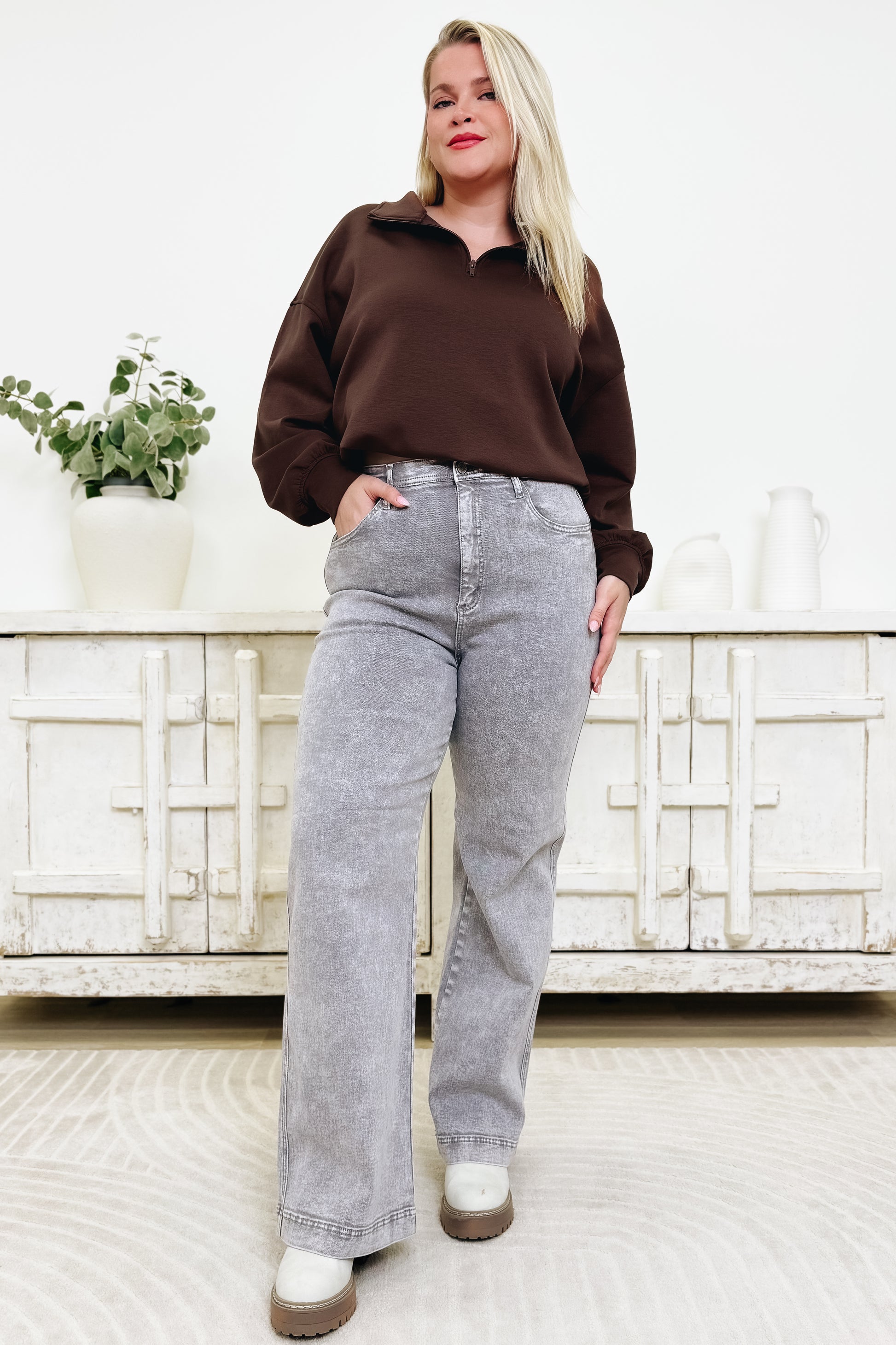 A Pop Of Surprise By Saige Denim - High Rise Wide Leg Straight Jeans - Silver Grey