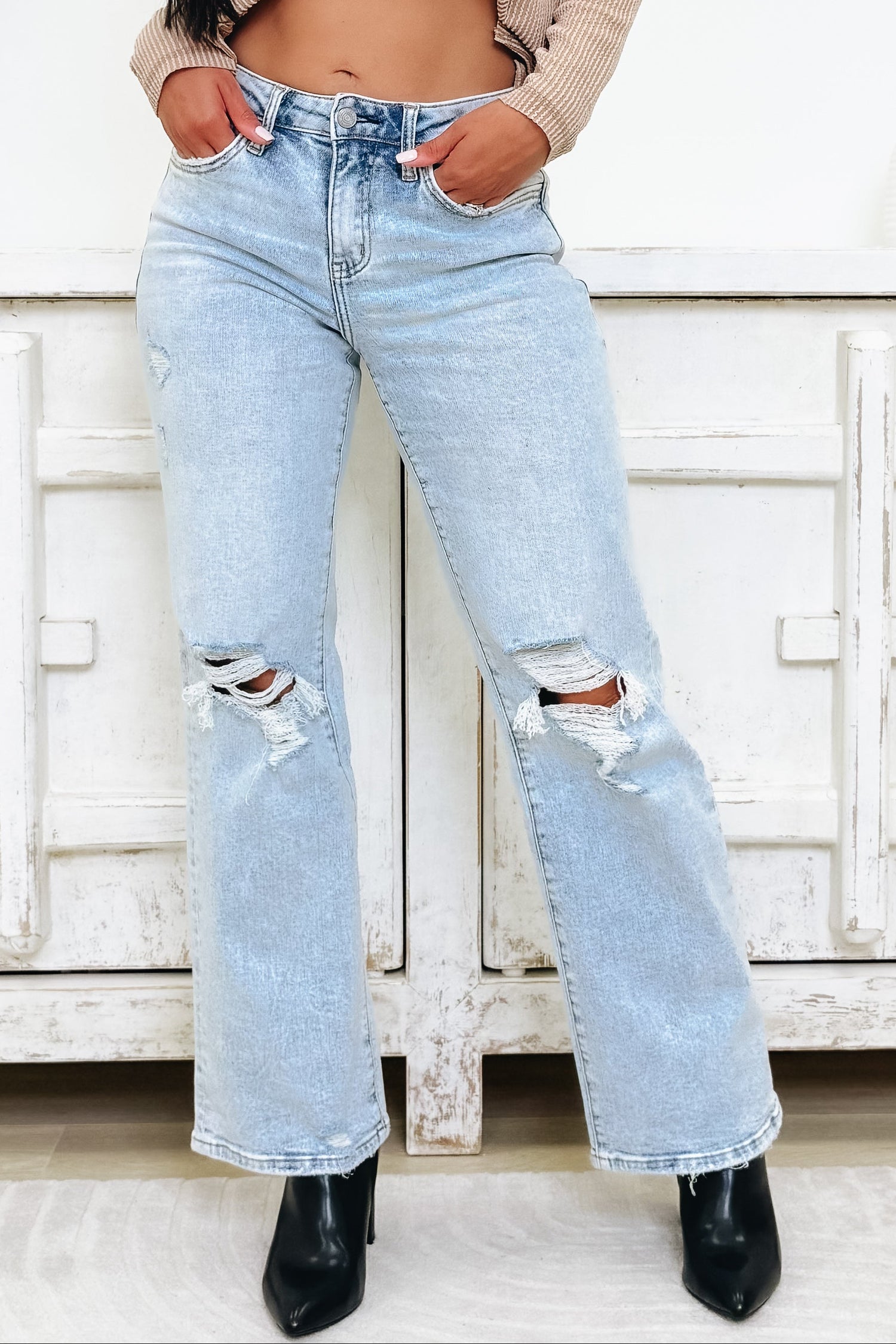 Slick Statement By Lovervet - High Rise Distressed Wide Leg Jeans