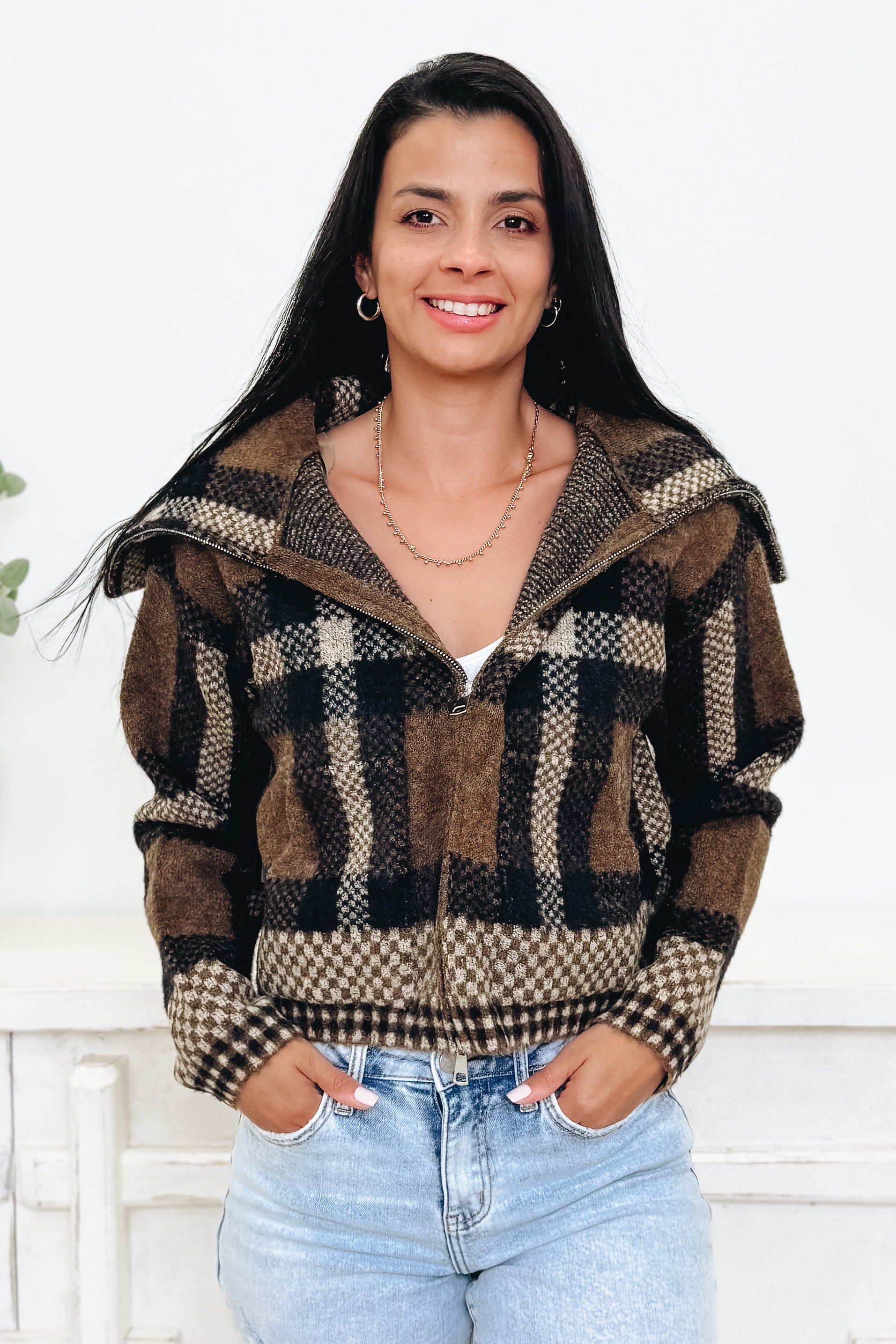 Gridlocked Checkered Sweater Jacket