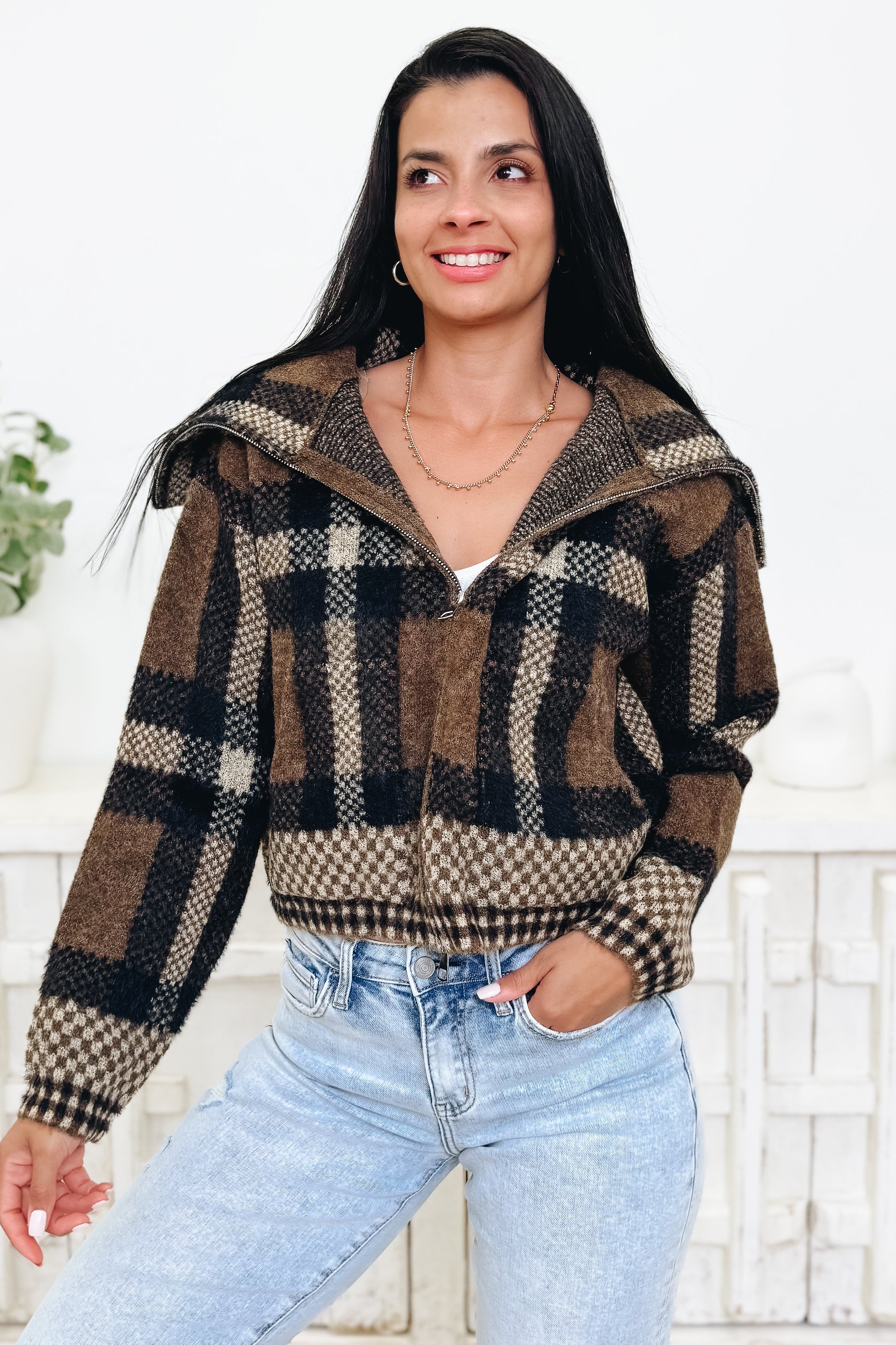 Gridlocked Checkered Sweater Jacket