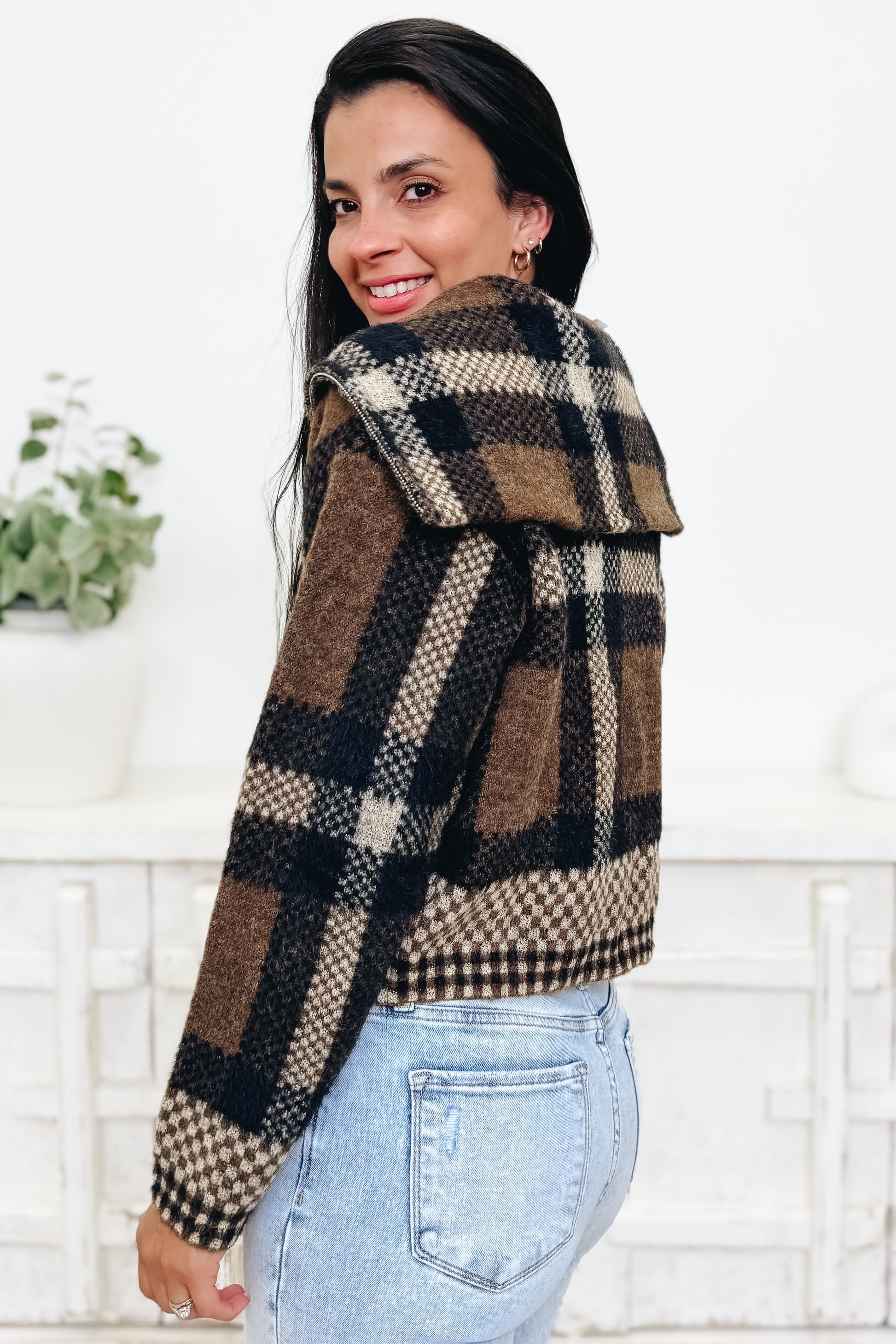 Gridlocked Checkered Sweater Jacket