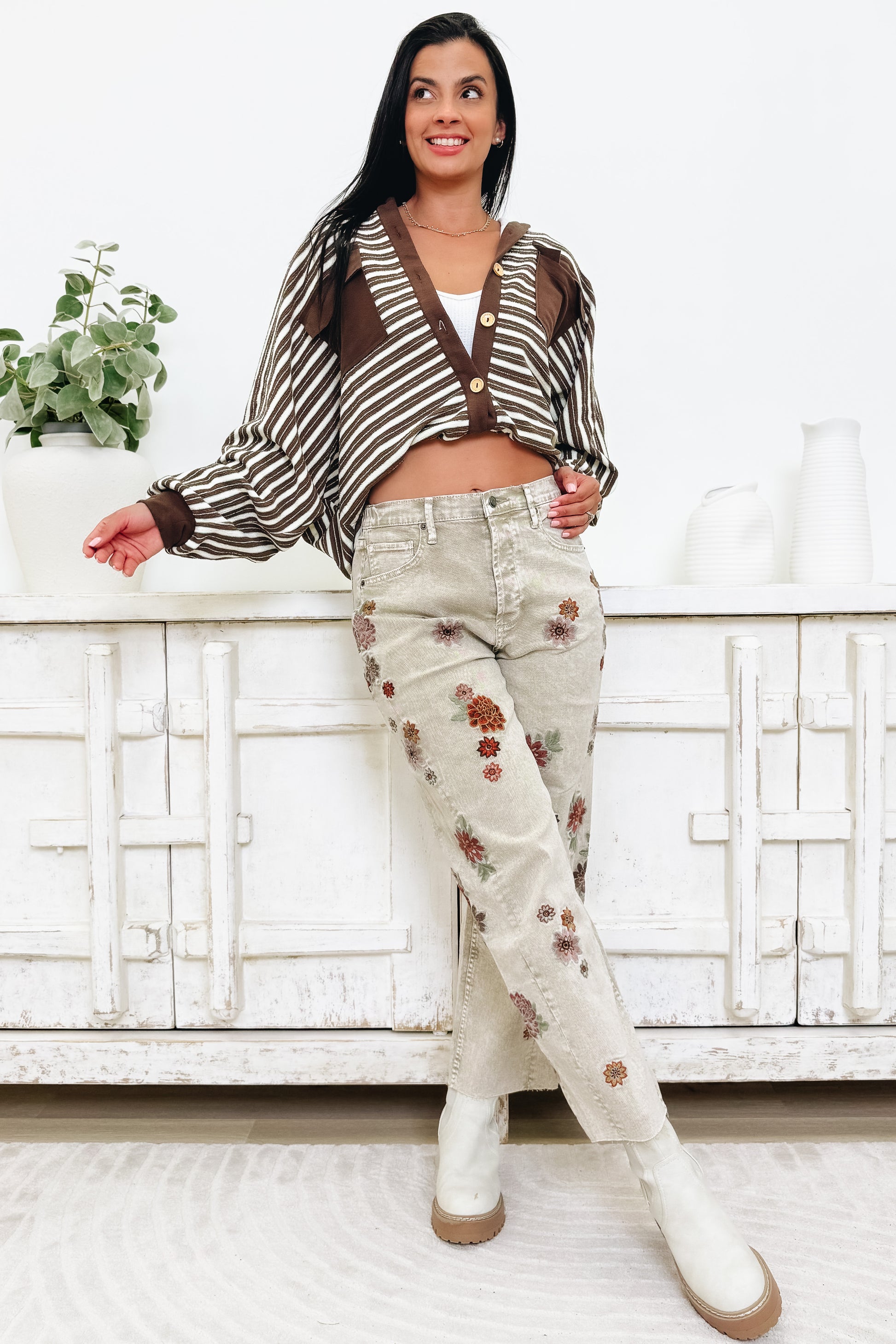 Spring Into Action Floral Denim Jeans - Warm Grey