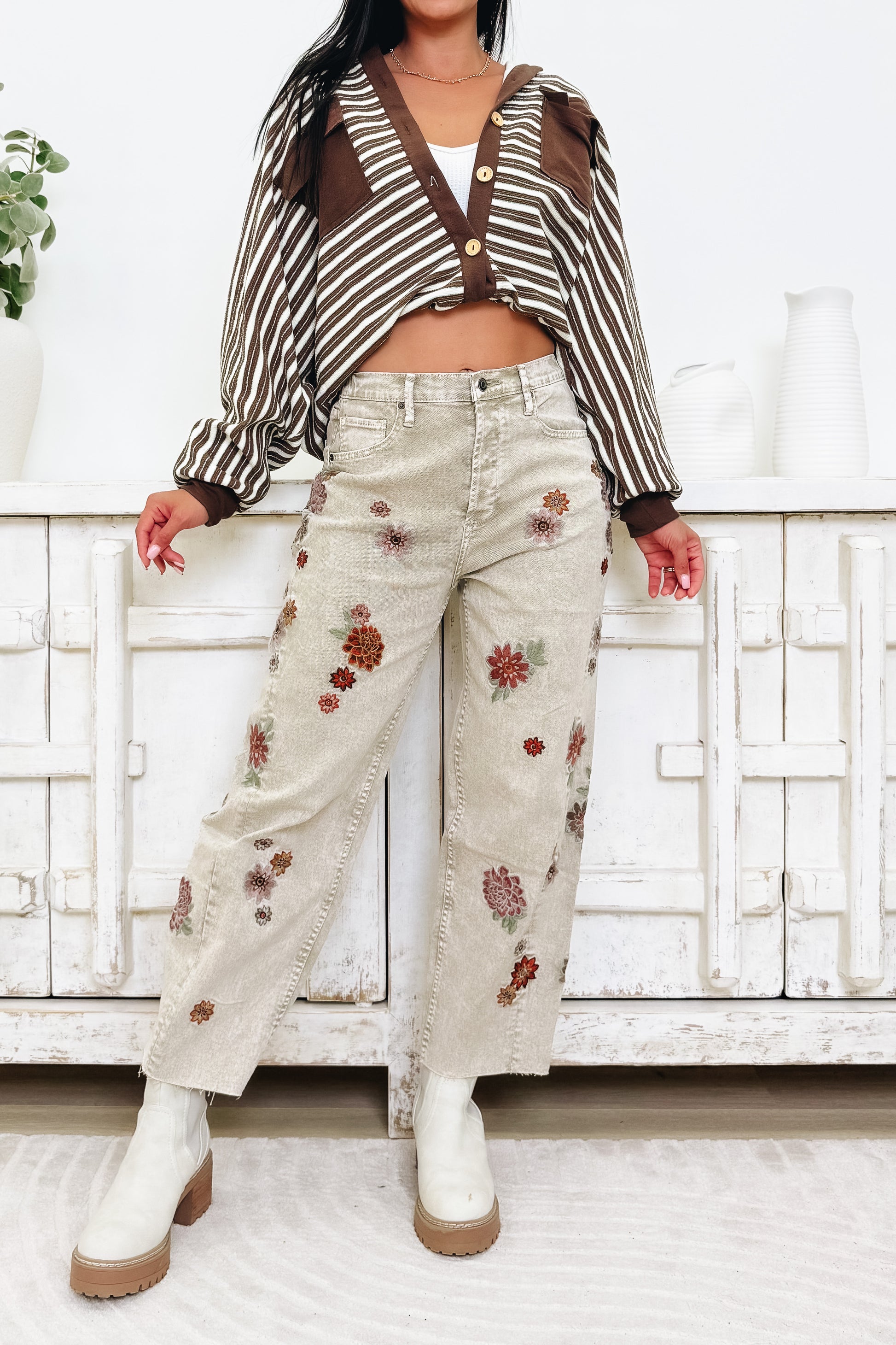 Spring Into Action Floral Denim Jeans - Warm Grey