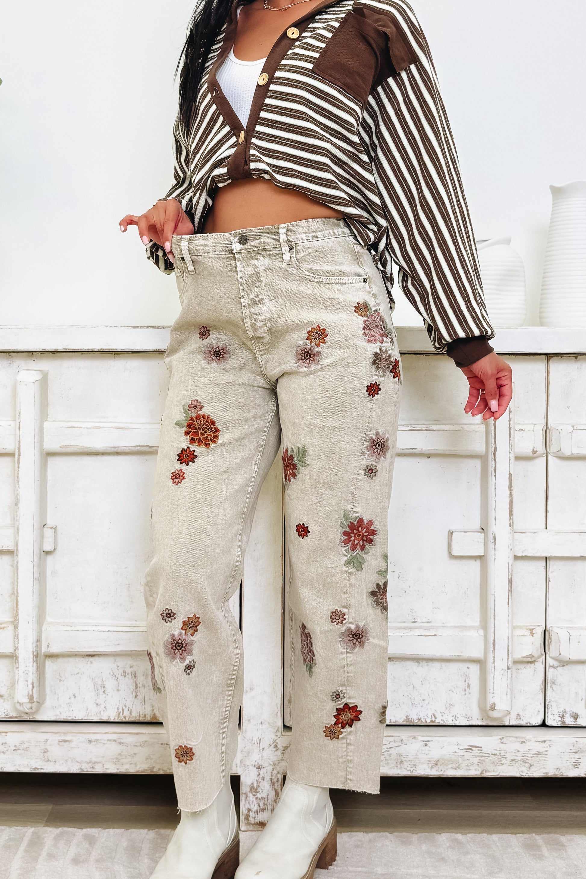 Spring Into Action Floral Denim Jeans - Warm Grey