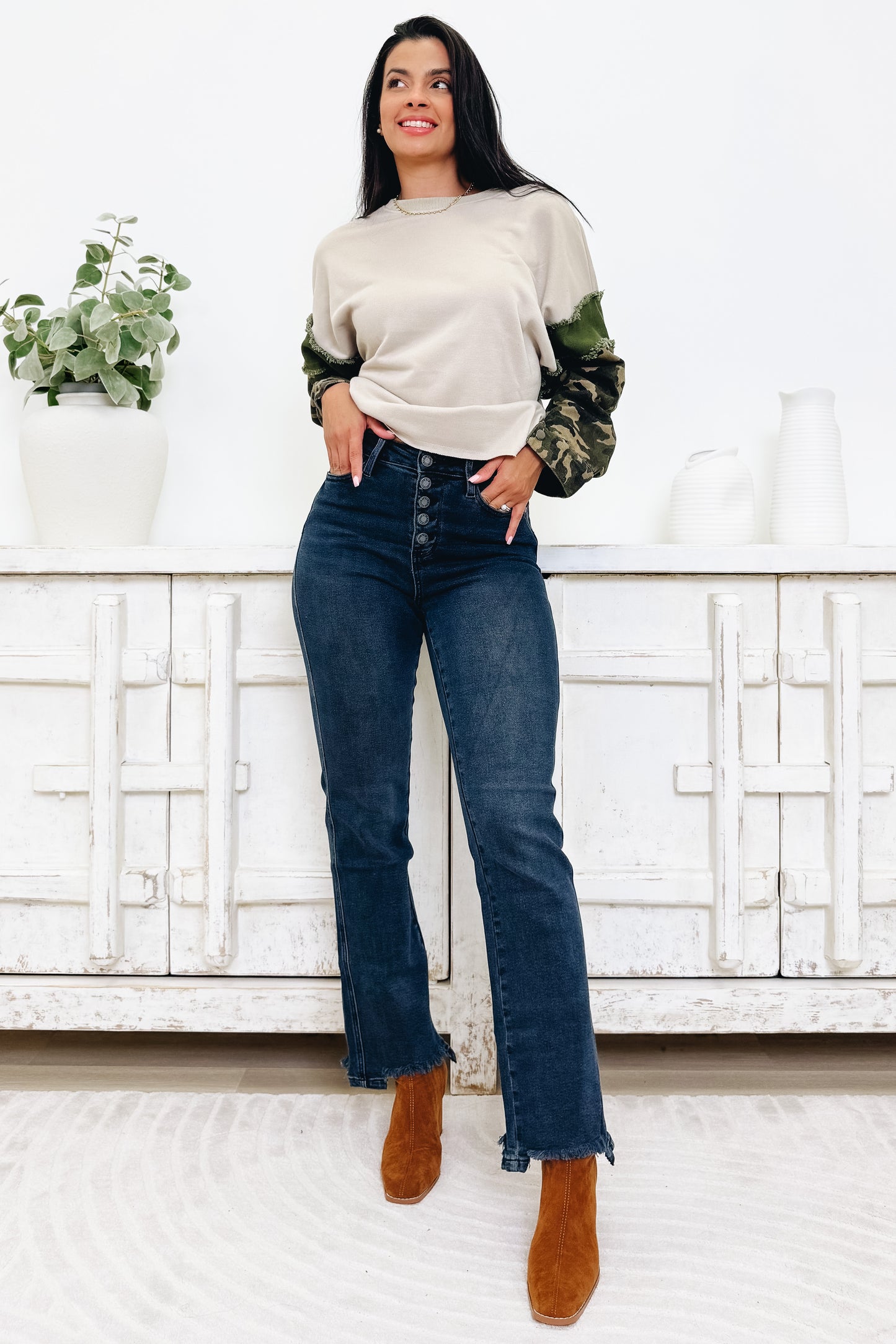 Button Up Buttercup By Judy Blue - High Rise Button Fly Hem Destroy Straight Jeans