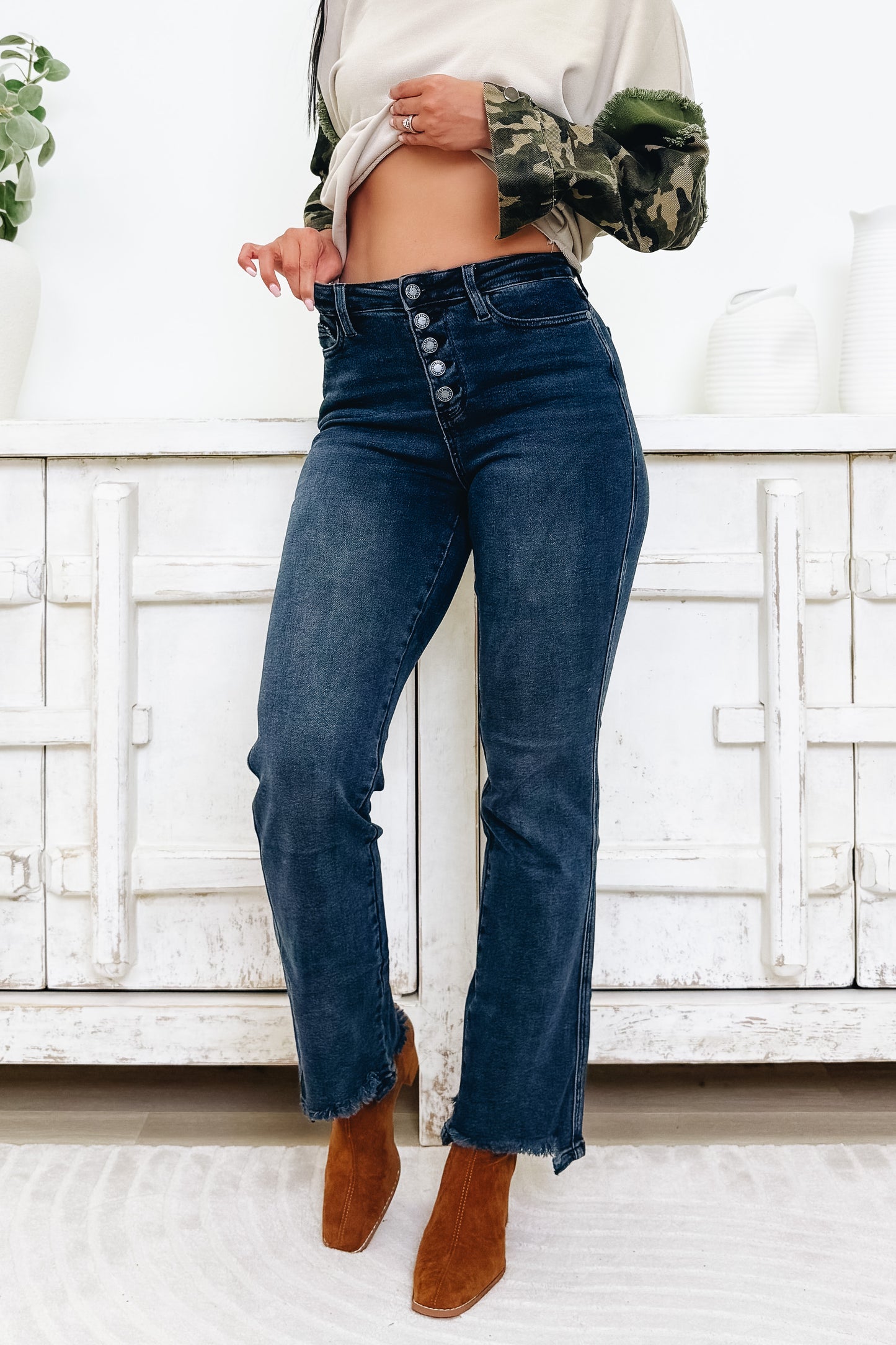 Button Up Buttercup By Judy Blue - High Rise Button Fly Hem Destroy Straight Jeans