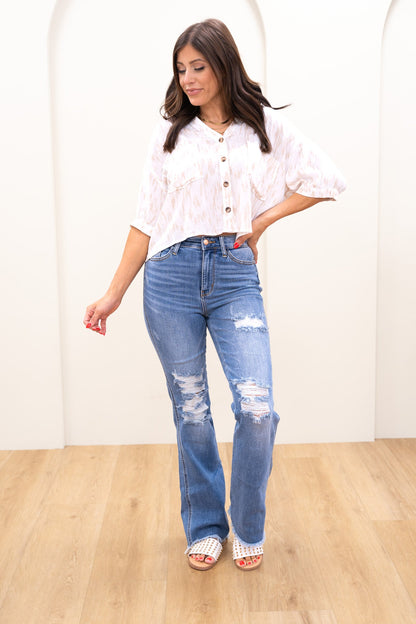 Judy Blue Keep Holding On High Rise Distressed Frayed Hem Bootcut Jeans