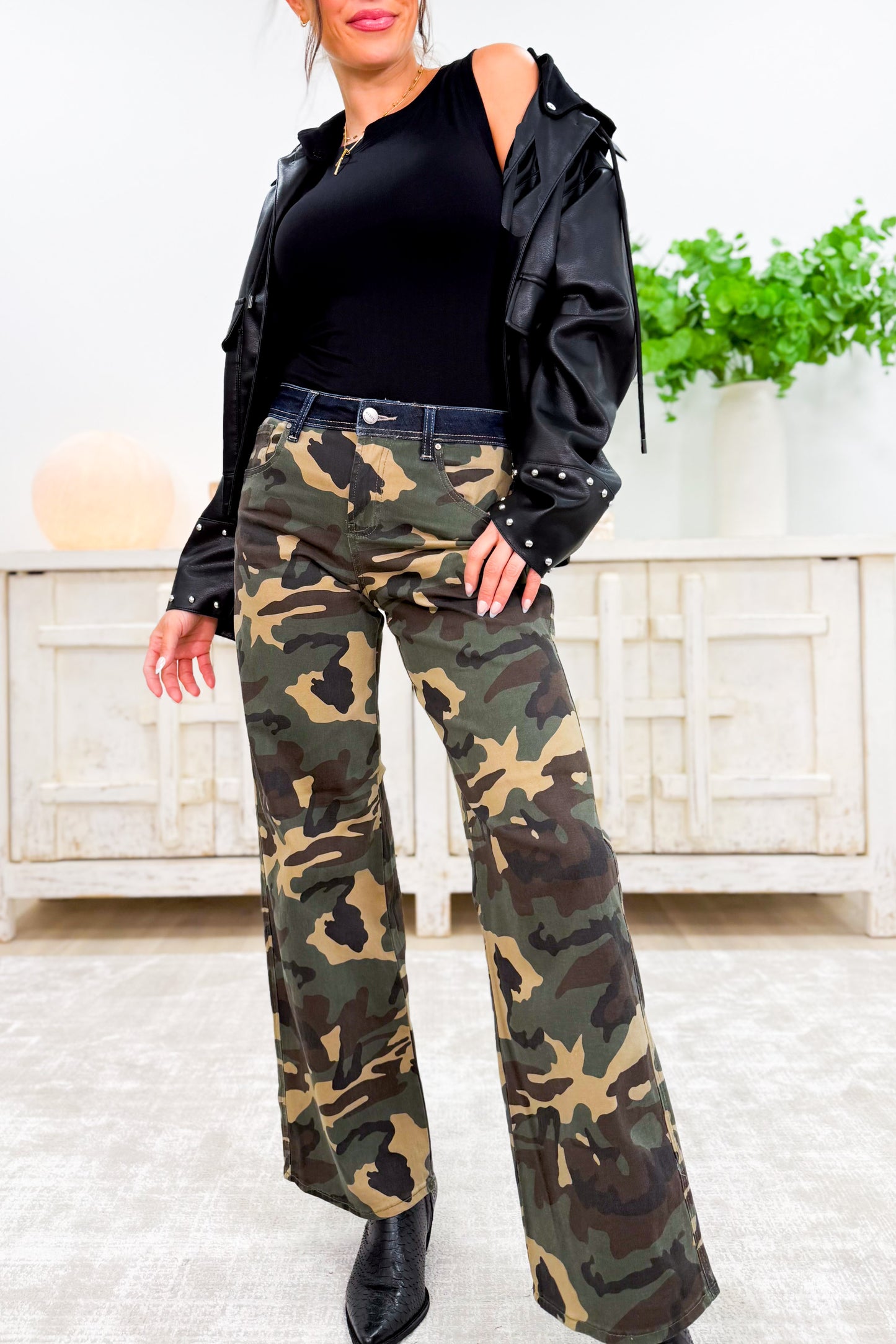 I'm A Survivor - Mid Rise Straight Wide Leg Jeans - Camo